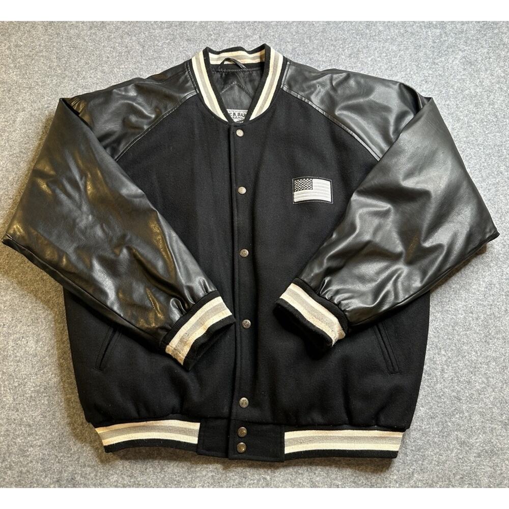 Steve & Barry’s Bomber Black Wool & Leather Jacket Embroidered Eagle USA Flag L